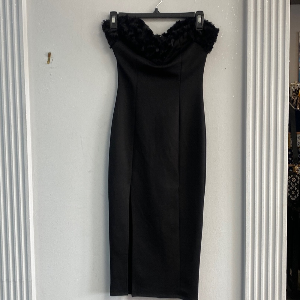 K TOO Strapless Black Fur Lined Midi Dress